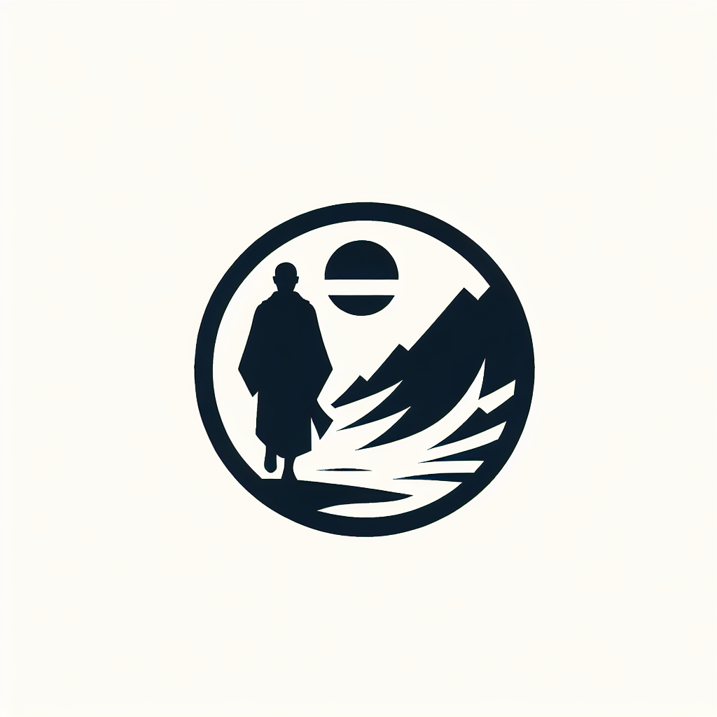 一人で山河を歩く行乞の僧侶のイメージで、白黒の濃淡だけでロゴを作って下さい。