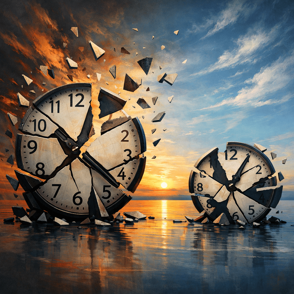 Two large broken clocks with pieces flying, reflecting on water at sunset.